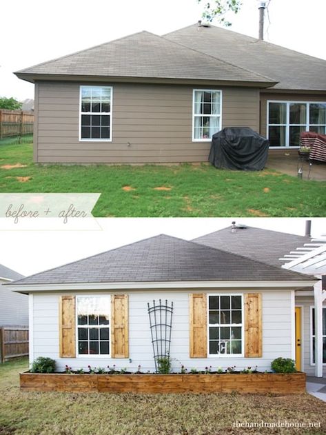 Easy Curb Appeal Ideas, Shutters Diy, Film Decor, Diy Exterior, Diy Curb Appeal, Architecture Renovation, House Makeovers, Home Exterior Makeover, Shutters Exterior