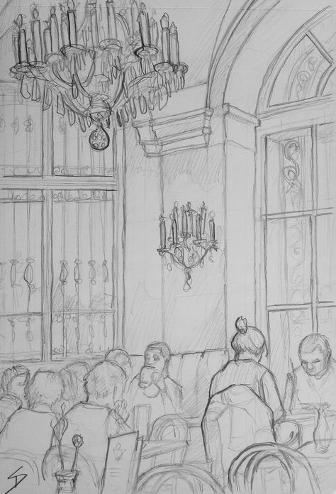 Restaurant Scene Drawing, Vienna Drawing, Palace Drawing, Restaurant Drawing, Belvedere Palace, Scene Drawing, Cafe Bistro, Perspective Art, Architecture Drawing Art