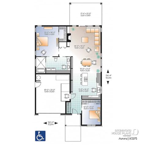 House plan 2 bedrooms, 1 bathrooms, garage, 3275 | Drummond House Plans Covered Patio Fireplace, Accessible House Plans, Large Covered Patio, Accessible House, Drummond House Plans, Plan Image, Patio Fireplace, Laundry Room Bathroom, Wheel Chair