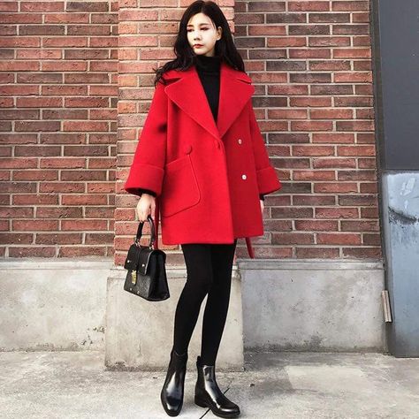 Short Red Coat Outfit, Red Coat Outfit Winter Classy, Red Coat Outfit Winter, Short Coat Outfit, Red Coat Outfit, Closet Store, Winter Coat Outfits, Coat Outfit, Red Coat