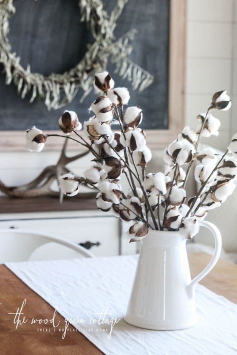 Cottage Laundry, European Interior Design, Cotton Decor, Cotton Stems, White Pitcher, Cotton Flower, Furniture Office, Clean Cotton, Décor Diy