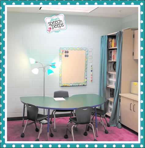 Speech Room 'Home from Home' Style! - Speech Room Style School Speech Therapy Room, Teachers Office Ideas, Speech Classroom Decor, Speech Therapy Organization, Speech Therapy Room, High School Speech Therapy, Therapy Rooms, Play Therapy Techniques, I Am So Blessed