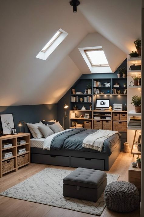 20 Creative Solutions For Small Attic Bedrooms With Low Ceilings – ToolzView Slope Roof Bedroom Interior, Bedroom In Loft Space, Bedrooms With Eaves, Tiny Attic Ideas Low Ceilings, Loft Master Bedrooms Decor, Vintage Attic Bedroom, Boys Attic Bedroom Ideas, Pitched Roof Bedroom, Low Ceiling Bedroom Ideas