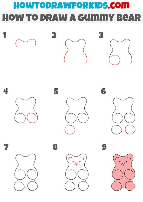 how to draw a gummy bear step by step How To Draw A Gummy Bear Step By Step, Gummy Bear Tattoo Simple, Cute Gummy Bear Drawing, Candy Doodles Easy, Gummy Bear Painting Easy, Gummy Bears Painting, How To Draw Gummy Bears, How To Draw Candy Step By Step, Gummy Bear Coloring Pages