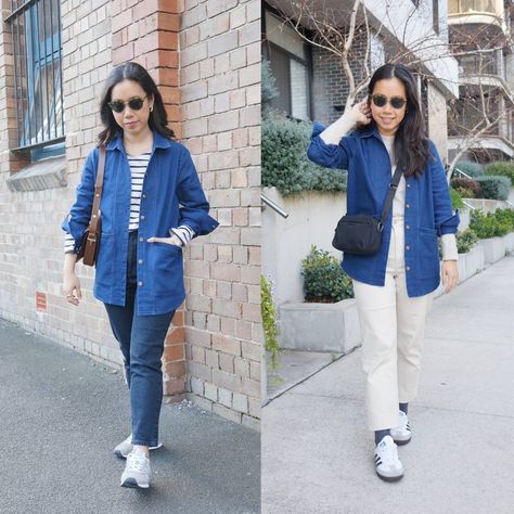 Sezane Will Jacket Review - whatveewore Casual Pre-washed Denim Blue Jacket, Sezane Coats & Jackets, Sezane Denim Jacket, Pre-washed Indigo Cotton Outerwear, Pre-washed Denim Blue Cotton Jacket, Luxury Aesthetic, French Twist, New Balance Sneakers, Transition Outfits