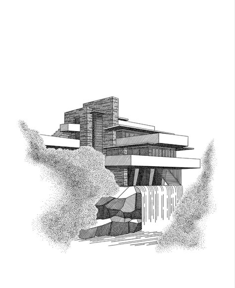 Architecture Drawing 
Architecture Illustration 
Falling Water pen Art Frank Lloyd Wright Architecture Drawings, Drawings Of Architecture, Falling Water Frank Lloyd Wright Sketch, Built Environment Art, Waterfall House Frank Lloyd Wright, Building References Architecture, Falling Water House Drawing, Falling Water Sketch, Frank Lloyd Wright Sketches