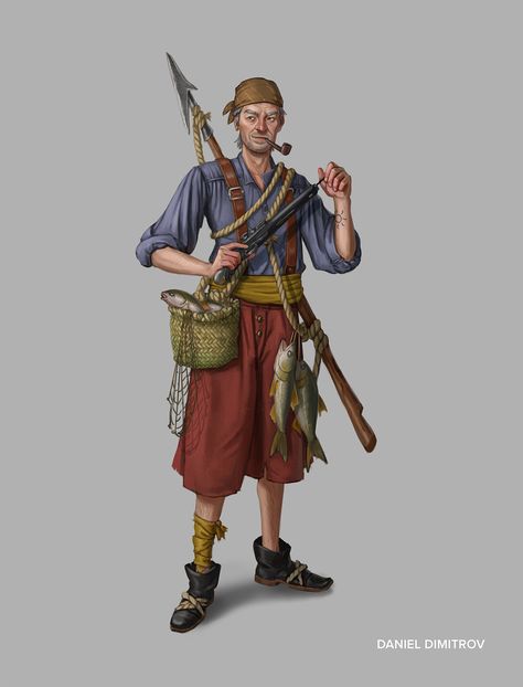 Fisherman Dnd Character, Old Sailor Art, Dnd Fisherman, Fantasy Fisherman, Dnd Sailor, Fisherman Clothes, Fisherman Character Design, Sailor Character Design, Ocean Character Design