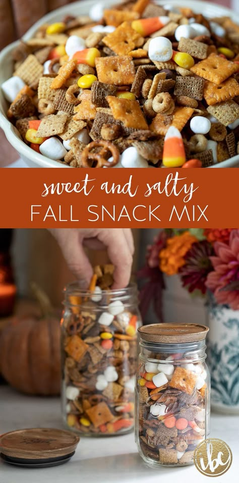 How to Make Sweet and Salty Fall Snack Mix #snackmix #fall #fallbaking #candycorn #chexmix #snack #sweetandsalty #partymix #trailmix Fall Snack Mix Recipes, Fall Chex Mix Recipes, Chex Recipes, Fall Snack Mixes, Snack Mix Recipe, Halloween Snack Mix, Autumn Treats, Fall Goodies, Thanksgiving Snacks