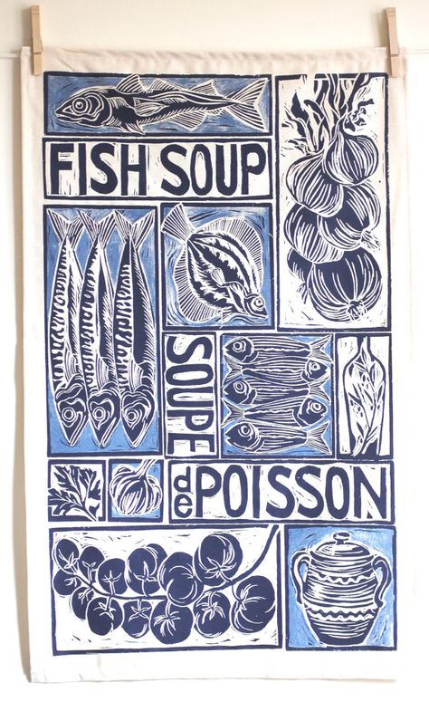 Screen Printed organic cotton tea towel, decorated with my original lino cut design of the ingredients for fish soup. Artist's Book, Illustrated Recipe, Visuell Identitet, Recipe Tea Towel, Lino Cuts, Linocut Printmaking, Lino Art, Lino Prints, Fish Soup