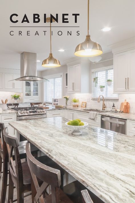 Kitchen with white shaker style cabinetry and quartzite countertop. Fantasy Brown Countertops, Quartzite Kitchen Island, Fantasy Brown Quartzite, Fantasy Brown Granite, Quartzite Kitchen, White Quartzite Countertops, Brown Countertop, White Cabinets White Countertops, Cabinetry Kitchen