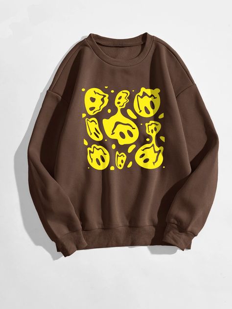 Women Sweatshirts, Face Print, Plus Size Fashion For Women, Coffee Brown, Shein Tops, Oversized Sweatshirt, Smile Face, Smiley Face, Winter Women