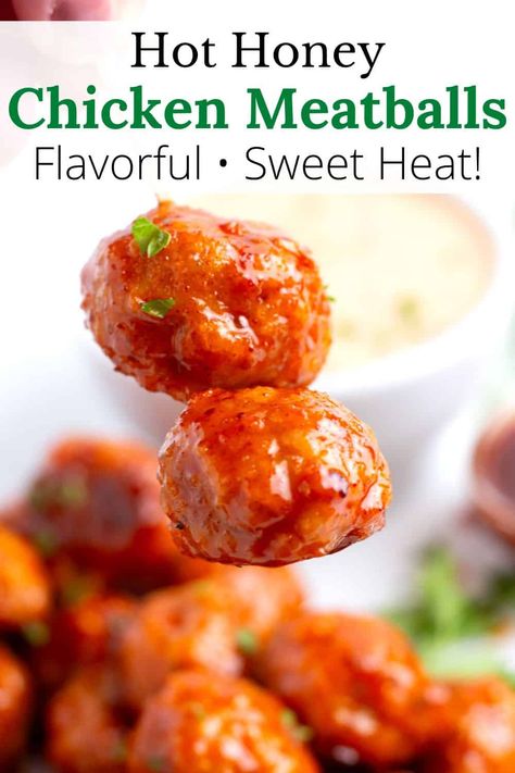 This Hot Honey Chicken Meatballs Recipe is the ultimate bite - savory, sweet, and spicy all in one. Ground chicken, panko breadcrumbs, and spices form tender meatballs that get baked to juicy perfection, then coated in a spicy honey glaze that is so addicting, you'll want to put it on everything. Simple to make, means they are perfect for a weeknight dinner or as a go-to snack for any casual get-together. Best of all: they are freezer friendly, meaning you can indulge whenever the craving hits. Hot Honey Meatballs Meal, Recipes With Spicy Honey, What To Put Hot Honey On, Hot Honey Ground Chicken, Ways To Use Hot Honey, Hot Honey Chicken Meatballs, Recipes Using Hot Honey, Hot Honey Meatballs, Honey Buffalo Meatballs