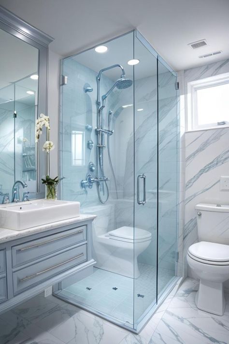 Experiment with this precise design and furniture in your own area using AI HomeDesign with just one click!Silver, blue, white, grey, cream, sky, bathroom, glass, shower, stall, toilet, premium, design, exquisitely, throne#BathroomDesign #GlassShower #PremiumStyle #SilverDecor #BlueColorScheme #ThroneRoom #ExquisiteDesign #CreamAndBlue #SkyBlueDecor #AIHomeDesign White Grey And Blue Bathroom, Glass Shower Stall, Dream Bathroom Luxury, Sky Bathroom, Coastal Bathroom Design, Home Wall Colour, Navy Living, Bathroom Design Small Modern, Bathroom Interior Design Modern