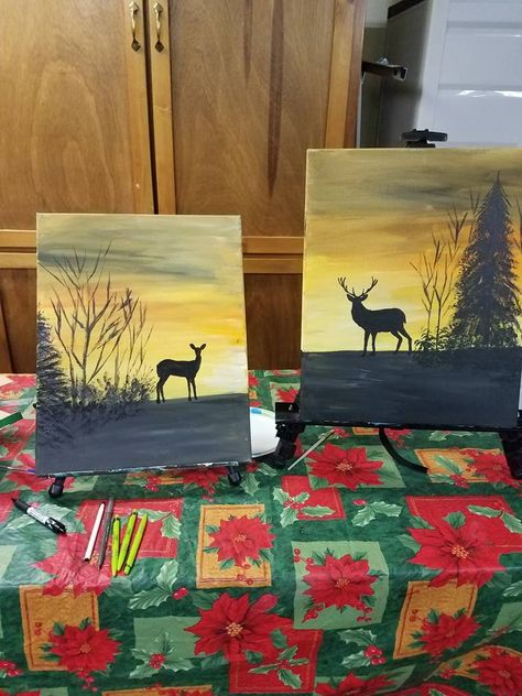 Couples paint night. Painting of a buck and a doe. Easy painting idea. Painting designed by artist Laurie Shooltz Buck And Doe Painting, Couples Paint Night Ideas, Painting For Husband, Double Canvas Painting, Double Canvas Painting Ideas, Wedding Couple Painting, Drawing Ideas Couples, Couples Painting Ideas Canvases, Couples Paint Night