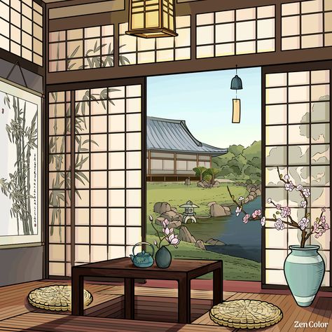 Japan Interior, Chinese House, Japanese Tea House, Zen Painting, Japan Illustration, Japanese Poster Design, Japanese Room, Zen Colors, Asian Painting