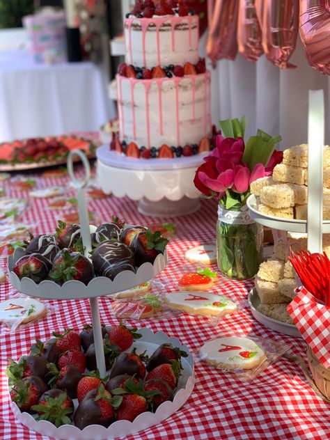 Berry First Birthday Cake Table, Berry First Birthday Sweets Table, My Berry First Birthday Table Decorations, Strawberry Birthday Table Decorations, Berry First Birthday Treat Table, Berry First Birthday Food Table, Berry First Birthday Party Centerpieces, Strawberry Theme Dessert Table, Berry First Birthday Table Decorations