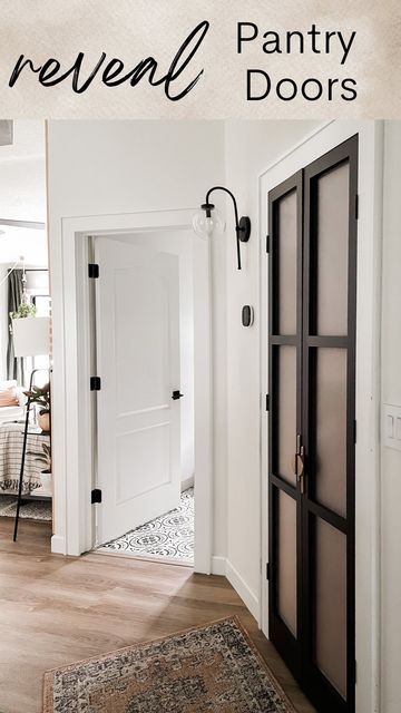 Pantry Door Ideas Black, Diy Sliding Pantry Door, Diy Pantry French Doors, Panty Door Ideas, Modern Farmhouse Pantry Door, Double Pantry Door Ideas, Pantry Door Diy, Office Double Doors, Modern Pantry Door