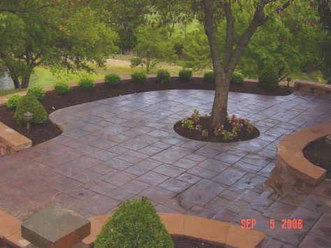 So pretty! I love this design & shape! Where that tree is is where the urn fountain would go. Tree In Middle Of Patio, Pavers Around Trees, Paving Around Tree, Patio With Tree, Cement Around Tree, Concrete Around Tree, Patio With Tree In Middle, Paver Patio Around Tree, Pavers Around Tree