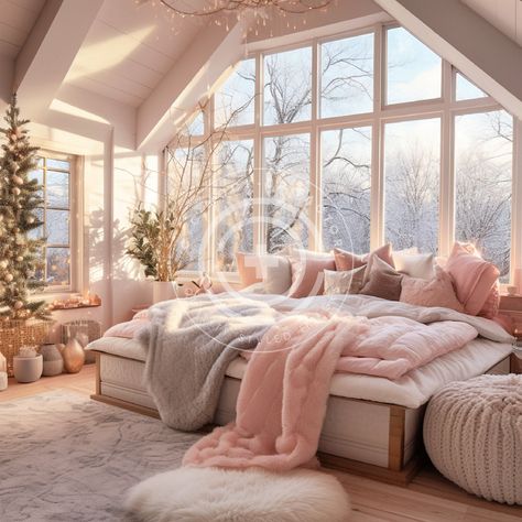 This wonderful cozy pink Christmas bedroom stock image/multi-use mockup photo features a soft pastel holiday aesthetic with pink & white decor. Perfect for content creators or to place your products into for mockups.  Vibe: Pink, Pastel, French Country, Cozy, Warm, Country, Classic, Pretty, Cottagecore, Festive, Christmas, Holiday THIS IMAGE IS ALSO AVAILABLE IN THESE BUNDLES: + Our 'Full House' Pink & White Holiday Home Bundle of 72 images:  https://ccmockupfactory.etsy.com/listing/1583930995/pink-christmas-mockup-bundle-set-of-72  + Our bundle of 12 Cozy Pink & White Bedrooms here: https://ccmockupfactory.etsy.com/listing/1583320853/holiday-mockup-photo-bundle-set-of-12 The perfect vessel to showcase your brand! Our mockups/stock images are simple to use - just add your graphic, make any Pastel Pink Aesthetic Bedroom Ideas, Pastel Cottagecore Bedroom, Pastel Cozy Bedroom, Pink Girly Decor, Pink Canopy Bedroom, Bedroom Ideas Simple Cozy, Pink Room Aesthetic Decor, Soft Pink Bedroom Ideas, Pink Cozy Bedroom