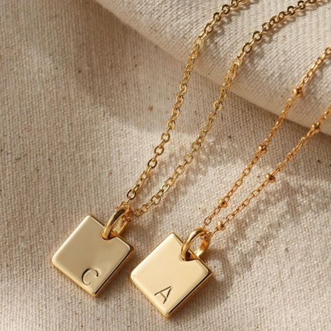 Ayou Jewelry on Instagram: “Personalize your high-quality jewelry while keeping it affordable - that is what we believe in🧡 Happy Sunday✨” Gold Engraved Necklace, Alphabet Necklace, Square Necklace, Gold Coin Necklace, Initial Necklace Gold, Dainty Gold Necklace, Gold Engraving, Gold Initial, Engraved Necklace