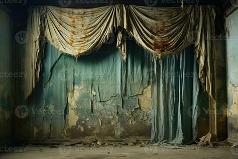 a torn dirty white theater curtain with rusty stains against the background of a wall with crumbling plaster. Abandoned stage Abandoned Theatre Stage, Theater Stage Aesthetic, Halloween Store Decorations, Theatre Background, Abandoned Theatre, Stage Aesthetic, Theater Curtains, Stage Concept, Theater Background