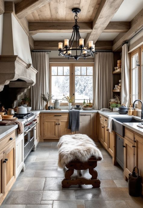 Rustic Kitchen Chalet Kitchen Design, Ski Lodge Kitchen, Traditional Rustic Kitchen, Mountain Home Kitchen, Rustic Chic Kitchen, Chalet Kitchen, Viking Kitchen, Alpine Modern, Lodge Kitchen