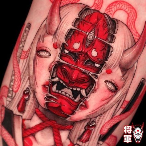 Hannya Mask Back Tattoo, Anime Demon Tattoo, Tattoo Oni, Hannya Maske Tattoo, Hannya Maske, Japanese Demon Tattoo, Portrait Tattoo Sleeve, Japanese Mask Tattoo, Japanese Oni Mask