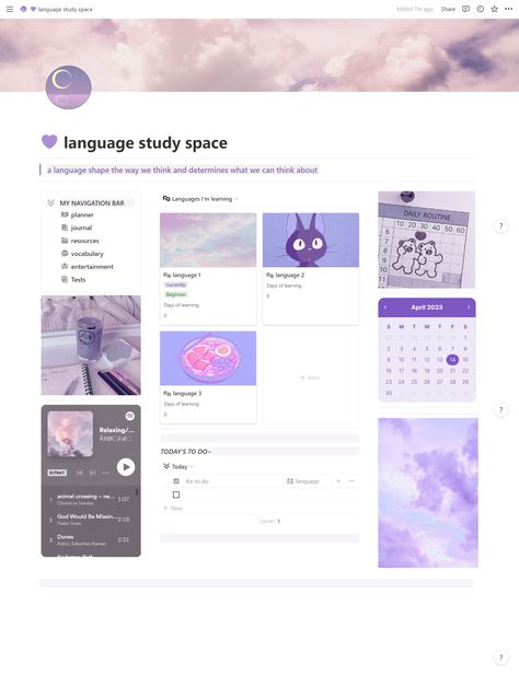 A notion template to help you stay organised while learning different languages effectively notion template lilac theme easy to use Notion templates | study tools | profuctivity | aesthetics | motivation | learning languages hobbies~ Notion Template Ideas Aesthetic Language Learning, Korean Notion Template, Notion Hobbies Template, Learning Languages Notion Template, Notion Template Ideas Language Learning, Notion For Language Learning, Language Study Notion, Notion Language Template, Hobbies Notion
