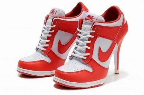 Fake sneaker high heels. | 28 Iconic Fashion Trends From The Early 2000s Jordan High Heels, Jordan Heels, Nike High Heels, Sneaker High Heels, Nike Heels, Jordan Sneaker, Ugly Shoes, High Heel Sneakers, Red High Heels