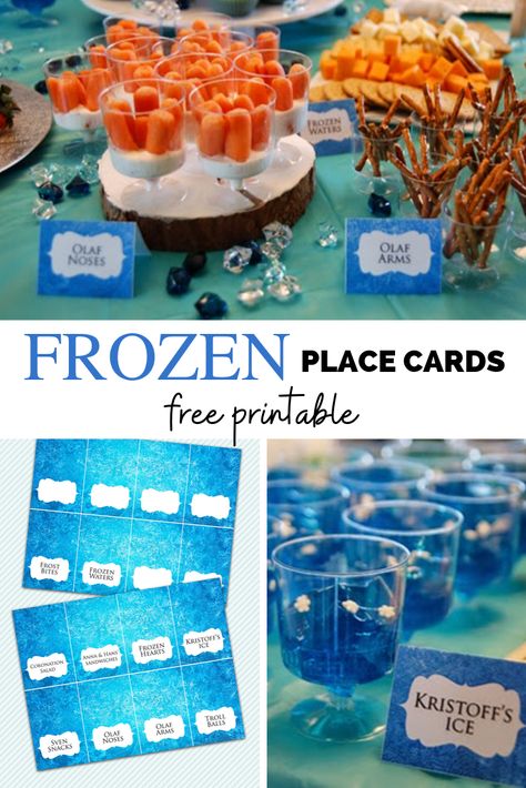 Complete your Frozen party theme with these Free printable Disney Frozen place cards or food tents Frozen Themed Charcuterie Board, Frozen Birthday Party Food Ideas, Frozen Birthday Food Ideas, Frozen Party Menu, Frozen Birthday Food, Frozen Party Food Ideas, Disney Frozen Party Food, Frozen 2nd Birthday, Frozen Themed Food