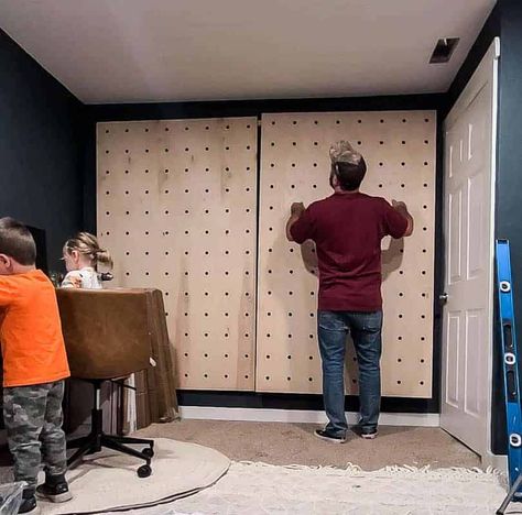 Peg Board In Closet, Peg Board Vs Slat Wall, Peg Board Wall Office, Pegboard Accent Wall, Large Peg Board Wall, Home Gym Pegboard Storage, Large Hole Pegboard, Gym Slat Wall, Large Pegboard Wall