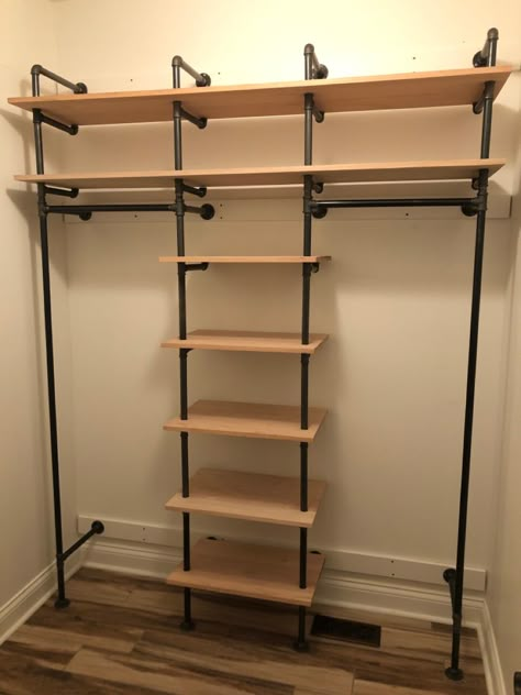 Pipe Closet, Diy Walk In Closet, Pipe Shelving, Closet Redo, Dressing Design, Bed In Closet Ideas, Closet Aesthetic, Closet Design Layout, Tiny Bedrooms