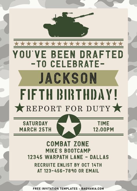 Army Theme Birthday Party Invitations, Army Party Invitations, Army Birthday Party Invitations, Tank Themed Birthday, Army Invitation Template, Army Birthday Invitations, Soldier Theme Birthday Party, Army Theme Invitation, Military Birthday Party Ideas Boys