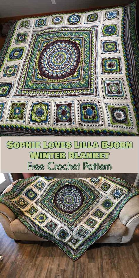 Sophie Loves Lilla Bjorn Winter Blanket [Free Crochet Pattern] Complex Crochet Blanket, Complex Crochet Patterns, Intricate Crochet Blanket Patterns, Crochet Scrap Blankets Free Patterns, Complex Granny Square, Cal Blanket Crochet Pattern, Intricate Crochet Patterns, Free Crochet Patterns Granny Squares, Motif Mandala Crochet