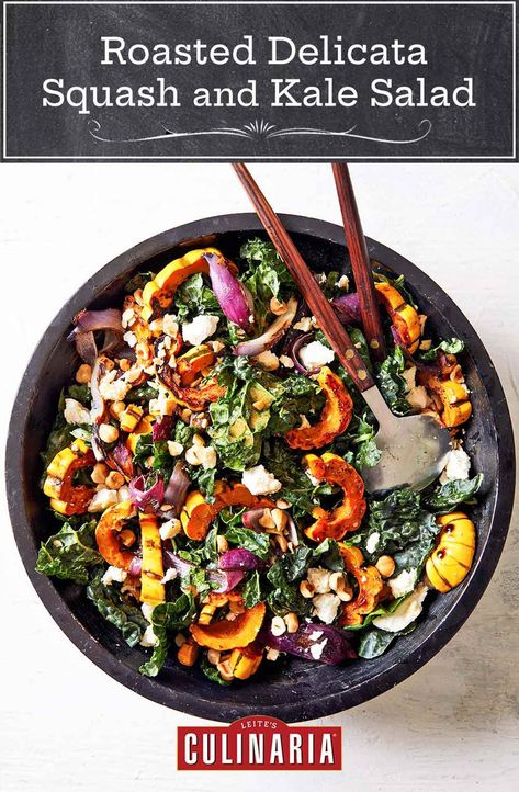 Satiating and healthy-ish, this roasted delicata squash and kale salad is a vibrant and quick dinner. No peeling required. #squash #salad #healthy Squash Kale Salad, Roasted Delicata Squash, Cooking Thanksgiving Dinner, Thanksgiving Appetizers Easy, Autumn Salad Recipes, Squash Salad, Warm Salad, Delicata Squash, Salad Healthy