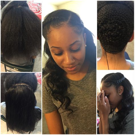 partial sew-in Half Twist Half Sew In Weave, Partial Sew In With Feed In Braids, Partial Sew In Weave Hairstyles, Partial Weave Sew In Black Women, Partial Sew In Hairstyles, Half Sew In Weave Hairstyles, Sew Ins Hairstyles, Partial Sew In Weave, Afro Updo