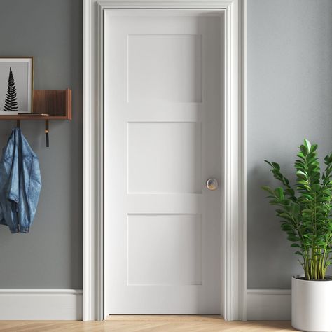 Since bathroom doors are permanent fixtures in your house, it’s important to pick high-quality materials in a style you’ll love for years to come. Shaker Doors Interior, Small Bathroom Door, Interior Shaker Doors, Bathroom Door Ideas, Shaker Interior, Flat Panel Doors, Interior Door Styles, Farmhouse Trends, Inside Doors