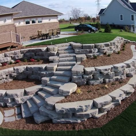 Michigan Landscaping, Backyard Hill Landscaping, Backyard Retaining Walls, Hill Landscaping, Sloped Backyard Landscaping, Terraced Landscaping, Landscaping On A Hill, Sloped Yard, Brick Patio