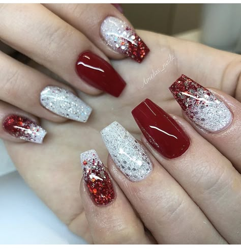 Red And Silver Glitter Nails Acrylic, Christmas Ombre Nails Acrylic, Red Oval Acrylic Nails Designs, Red And White Sparkle Nails, Christmas Theme Nails Acrylic, Christmas Nail Art Designs Xmas Sparkle Red Glitter, Christmas Fingernail Designs, Silver And Red Nail Designs, Red And Silver Glitter Nails