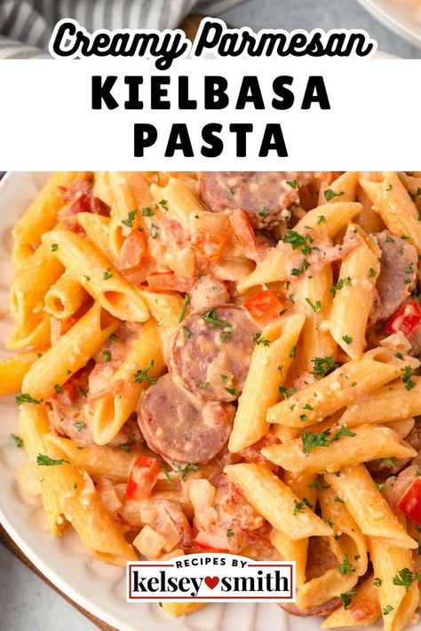 Pasta with sliced kielbasa, diced onions, and diced red bell pepper in a creamy sauce. Creamy Kielbasa, Kielbasa Pasta Recipes, Kilbasa Sausage Recipes, Smoked Sausage Recipes Pasta, Sausage Penne Pasta, Kielbasa Pasta, Creamy Sausage Pasta, Sausage Pasta Recipe, Sausage Penne