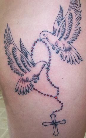 with only one dove and instead of a cross, 4 keys for my kids Wing Tattoo Stencil, Rosary Tattoo Ideas, Rosary Tattoo On Hand, Faith Tattoo Designs, Rosary Tattoos, Stomach Tattoos Women, Rosary Tattoo, Dove Tattoos, Dove Tattoo