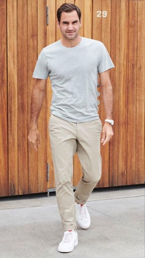 Roger Federer Style, Jake Outfit, Federer Style, Dad Fits, Men Styling, Asics Tiger, Mens Business Casual Outfits, Khaki Jeans, Roger Federer