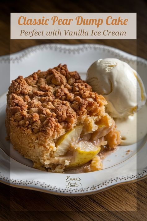 Elegance of a classic pear dump cake recipe with creamy vanilla ice cream. Warm fall dessert with golden, buttery crust and tender, spiced pears Box Cake Mix With Pears, Pear Dump Cake Canned, Pear Dump Cake, Spiced Pears, Peach Dump Cake, Cherry Dump Cake, Pear Crumble, Dump Cake Recipe, Canned Pears