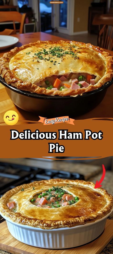 Ham Pot Pie is a delightful twist on the traditional chicken version, featuring chunks of ham, potatoes, and vegetables encased in a flaky pie crust. This hearty pie is a great way to use up leftover ham and brings a comforting end to any day. #HamPotPie #ComfortCooking #HeartyMeals Impossible Ham And Swiss Pie, Ham And Mushroom Pie, Ham Pot Pie Crockpot, Bacon Pot Pie, Ham Shepherds Pie Recipe, Ham Potpie Recipe, Recipes To Use Up Ham, Ham Pie Recipe, Breakfast Pot Pie Recipe