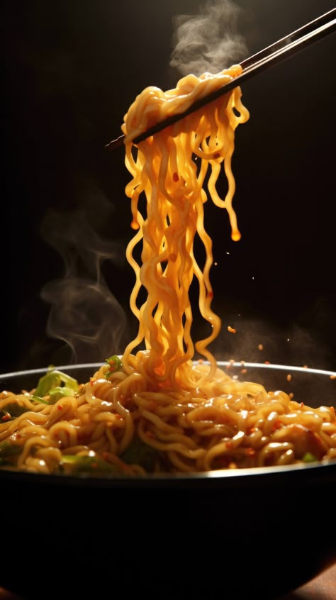 Download Close-up of chopsticks lifting ramen noodles, steam curling up in an appetizing dance. Action photography, side-angle shot, low light, Asian cuisine, tantalizing motion, culinary tease. free image. We can see Asian cuisine, tantalizing motion, culinary tease on this picture. Ramen Photography, Noodles Images, Japanese Food Photography, Asian Food Photography, Indian Fast Food, Sushi Menu, Restaurant Photography, Action Photography, Asian Noodles