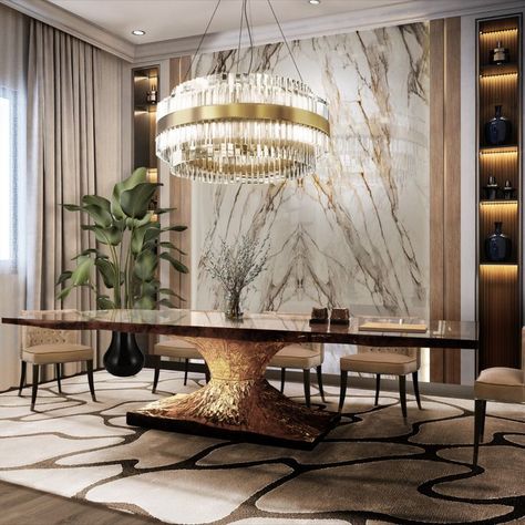 Luxurious Dining Room With Golden Hues Dining Room Design Luxury, Luxury Dining Tables, Luxurious Dining Room, Luxury Dining Table, Luxury Dining Room, Elegant Dining Room, Contemporary Dining Room, Contemporary Furniture Design, Design Apartment