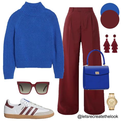 Burgundy Trousers - 10 Outfit Ideas 🐙 Here are 10 more colors that pair well with burgundy! Which is your favorite? As fall approaches it’s time to break out our sweaters. Instead of just pairing them with jeans, here’s a reminder that wide leg trousers are a more elevated option but just as comfortable! So for an elevated casual look, try pairing your sweaters with your trousers! You can still wear your sneakers with them! 😉 So save this post for style inspiration and look in your closet to... Burgundy Color Pairing, Wine Wide Leg Pants Outfit, Teal Corduroy Pants Outfit, Burgundy Matching Colors, Bright Color Fall Outfits, Burgundy Pants Outfit Winter, Burgundy Jumper Outfit, Burgundy And Blue Outfit, Wine Colored Pants Outfit