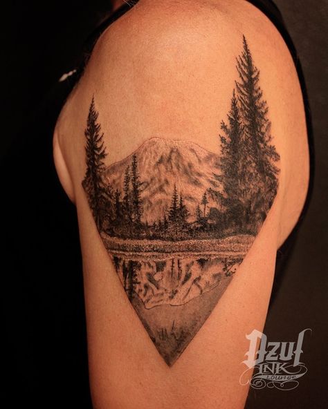 Mt Rainier Tattoo, Rainier Tattoo, My Rainier, Polaroid Tattoo, Forest Tattoo Sleeve, Moutain Tattoos, Berg Tattoo, Forest Tattoo, Nature Tattoo Sleeve