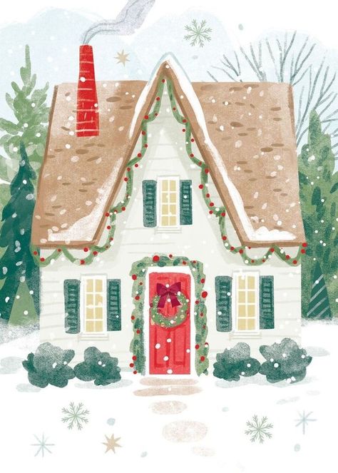 Cute Christmas Illustration Art Prints, Christmas Illustration Artwork, Christmas House Drawing Ideas, Christmas Aesthetic Interior, Cute Christmas Illustration Art, Christmas Prints Art, Christmas House Art, Christmas Houses Illustration, Vintage Christmas Paintings