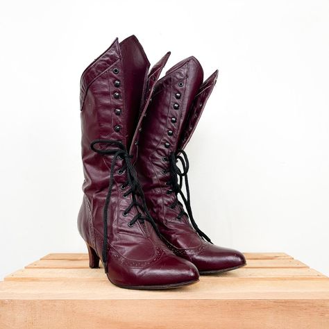 Vintage 70s Oxblood Lace Up Leather Witchy Victorian... - Depop Witchy Boots, Leather Detail, Style Boots, Perforated Leather, Mid Calf Boots, Victorian Style, Costume Design, Victorian Fashion, Vintage 70s